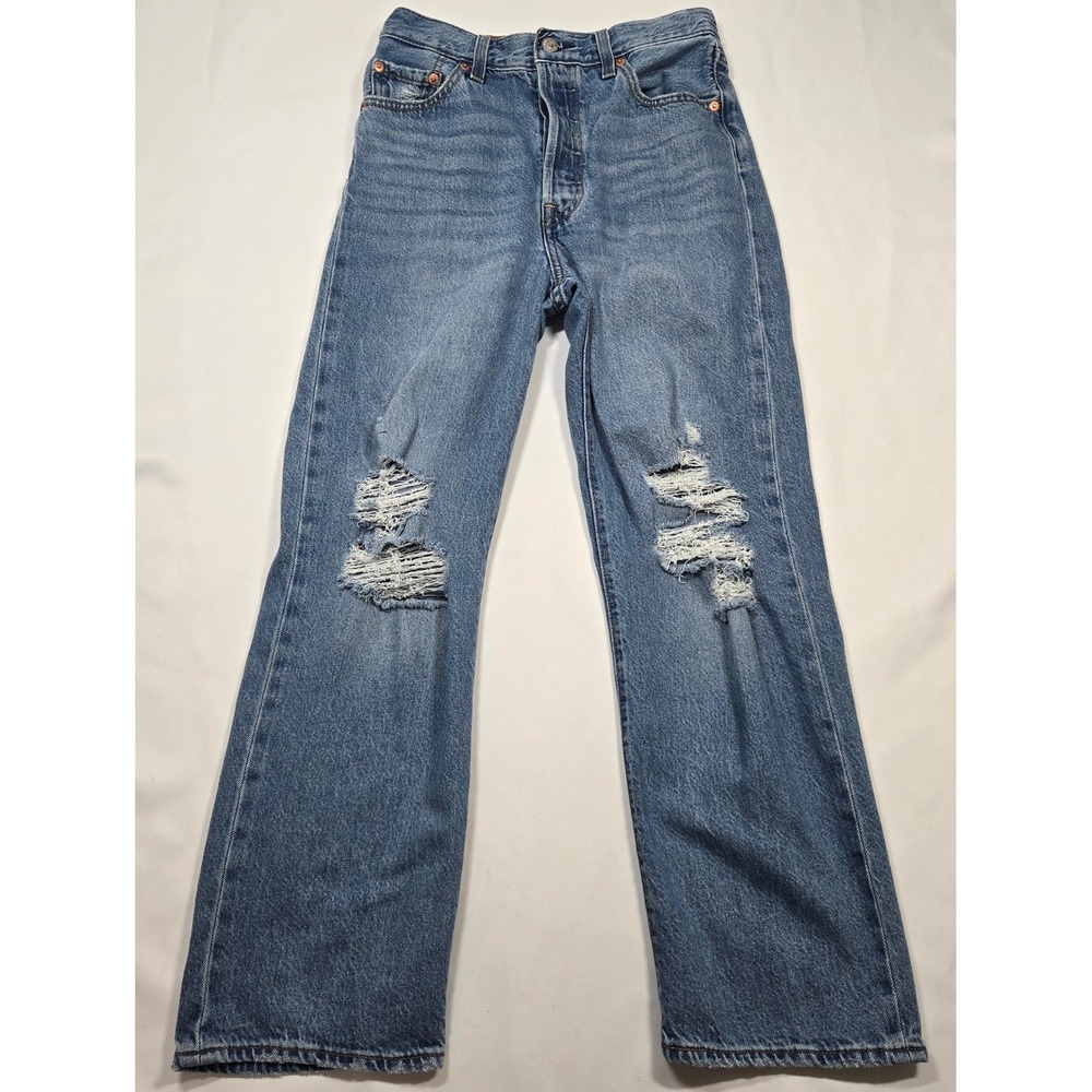 Levis Premium Ribcage Straight Ankle Jeans 26 Distressed Thrashed High Rise Blue